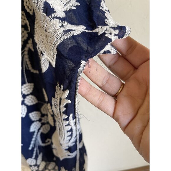 Ya Ya Club Navy Blue Cream Embroidered Floral Kimono Wrap Fringe Semi Sheer Size - Picture 5 of 8